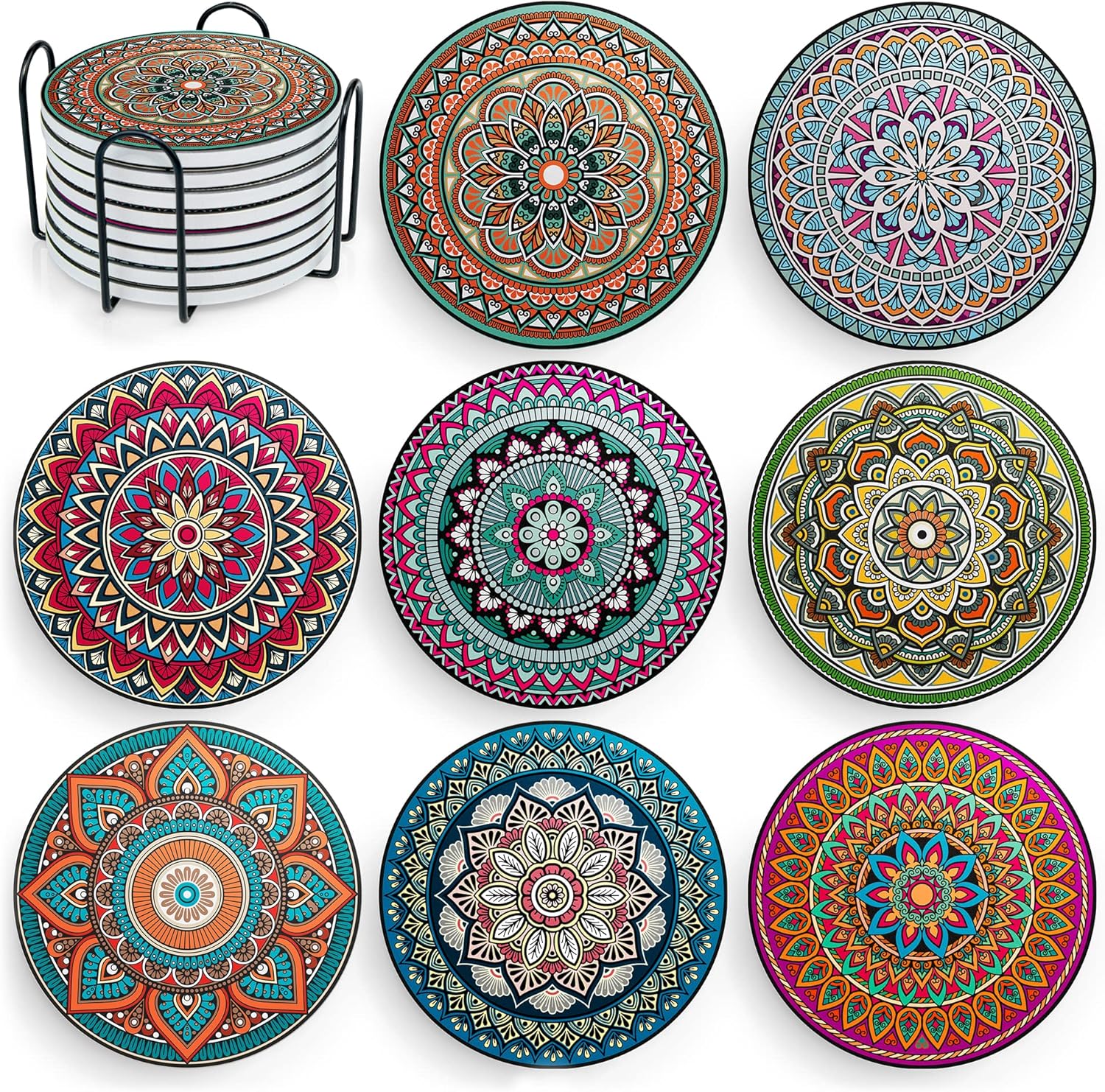 8 Set Ceramic Boho Coaster for Drinks Absorbent with Cork Base