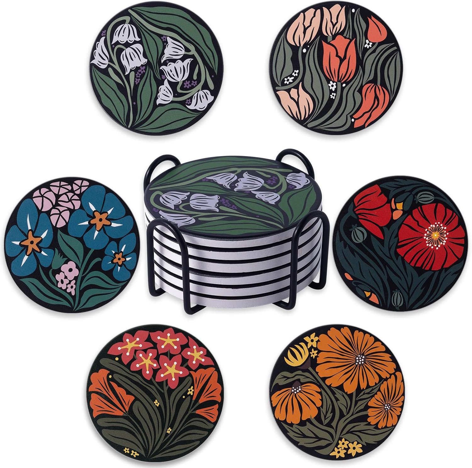 6 Pack Coaster Drink Coasters with Cork Back Beautiful Artistic Flowers